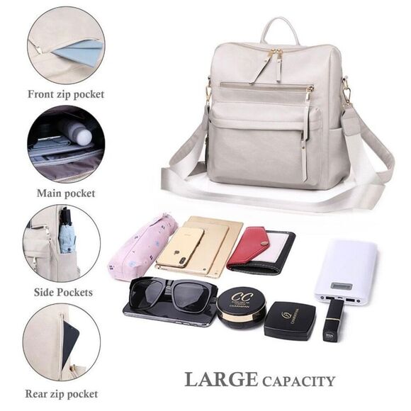 Brand New Grey Leather Backpack With Adjustable Shoulder Tote Strap - Picture 6 of 9